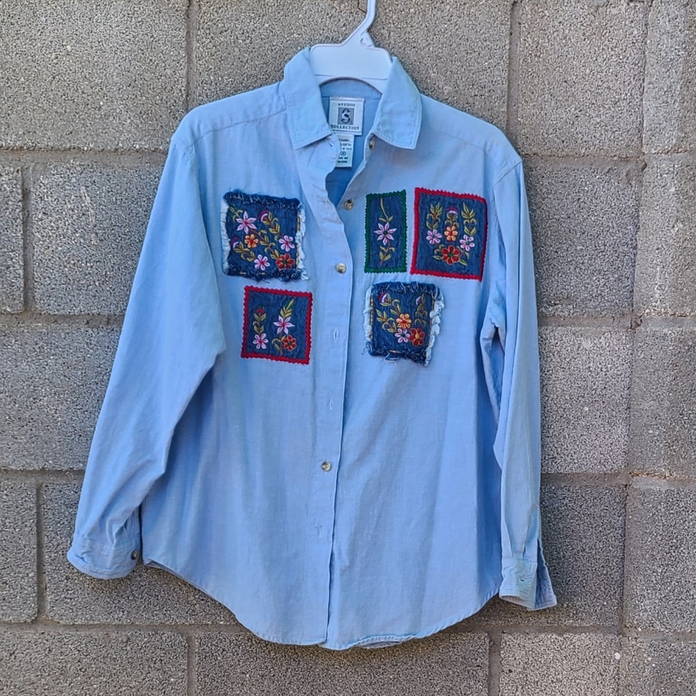 Vintage GrandmaCore Blue Shirt with Floral Patchwork By Studio Collection